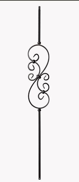 DEFARIA IRON SATIN BLACK  BALUSTER  SMALL SPIRAL SCROLL  ENDS 1/2 SQUARE HALLOW HEIGTH 44''